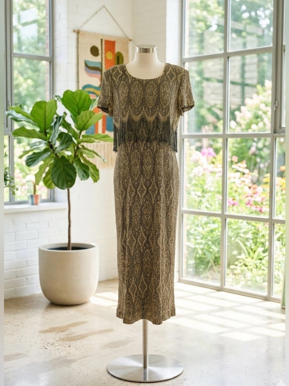 Vintage Cartise Petite Metallic Gold & Black Fringe Maxi Dress